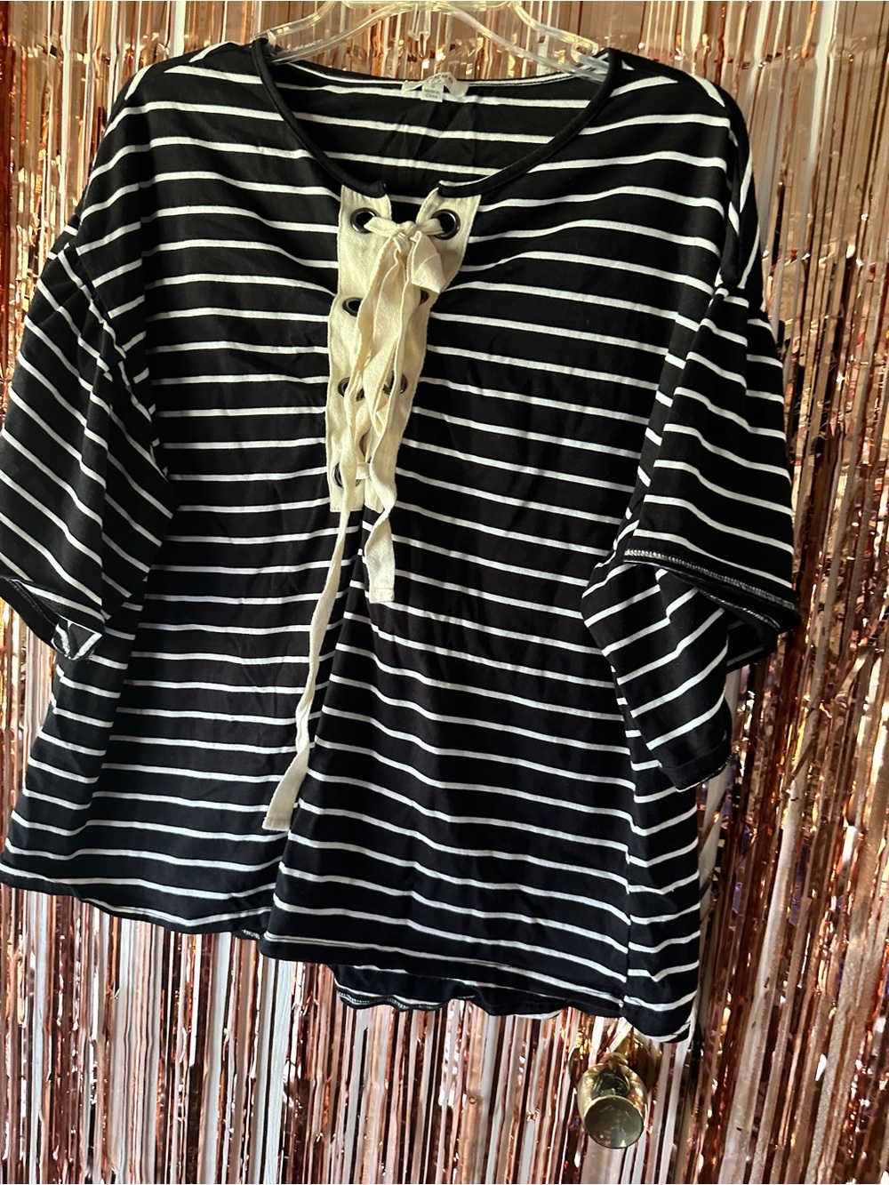 Umgee Black and White Striped Lace-Up Short Sleeve Top